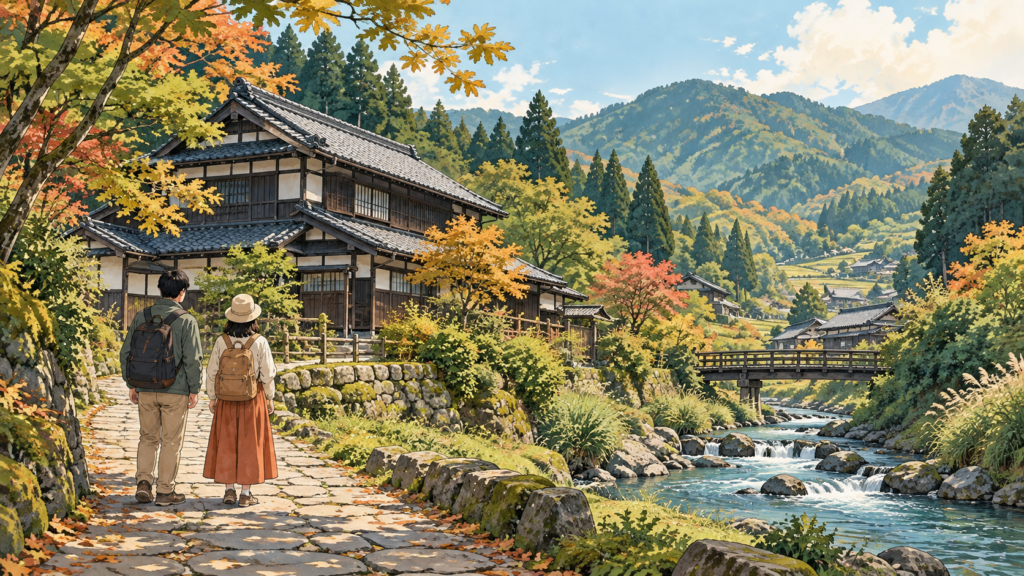 奥出雲をイメージした山里と古民家を巡る旅行者のイラスト