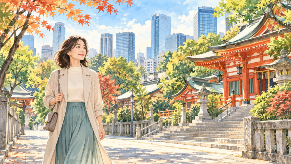 東京の神社と街歩きを楽しむ女性のイメージイラスト