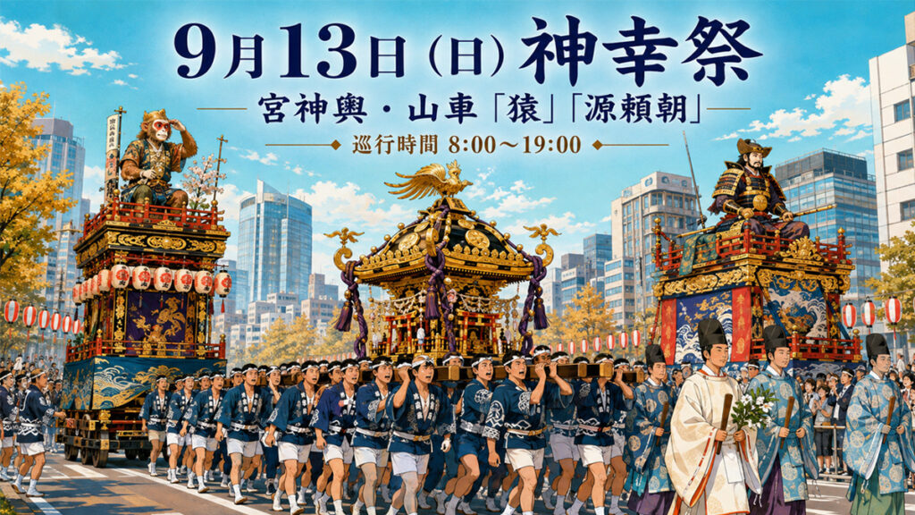9月13日の神幸祭は宮神輿と江戸型山車が巡行